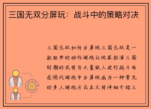 三国无双分屏玩：战斗中的策略对决
