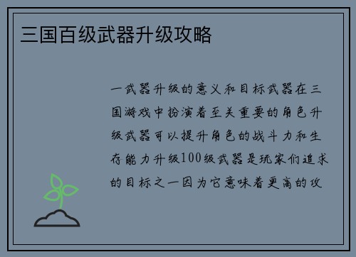 三国百级武器升级攻略