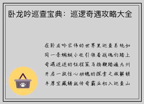 卧龙吟巡查宝典：巡逻奇遇攻略大全